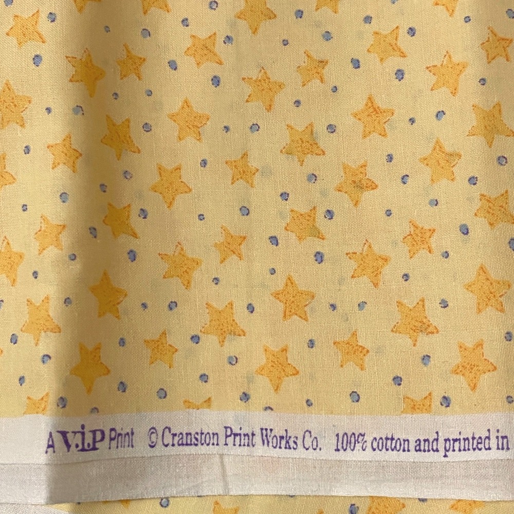 Vtg Cranston Print Works VIP Fabric 100% Cotton Yellow Star Blue Dot Made in USA